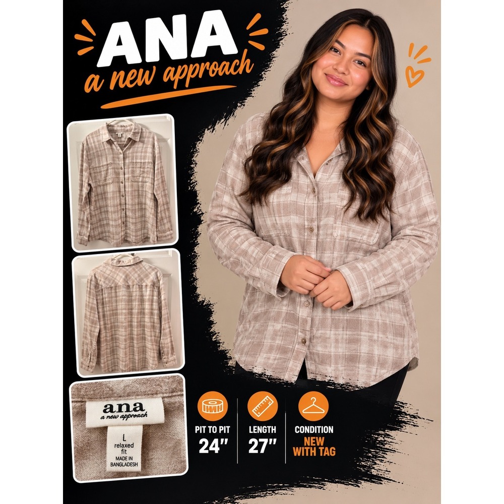 a.n.a a new approach Beige Plaid Flannel Shirt Relaxed Fit Large NWT